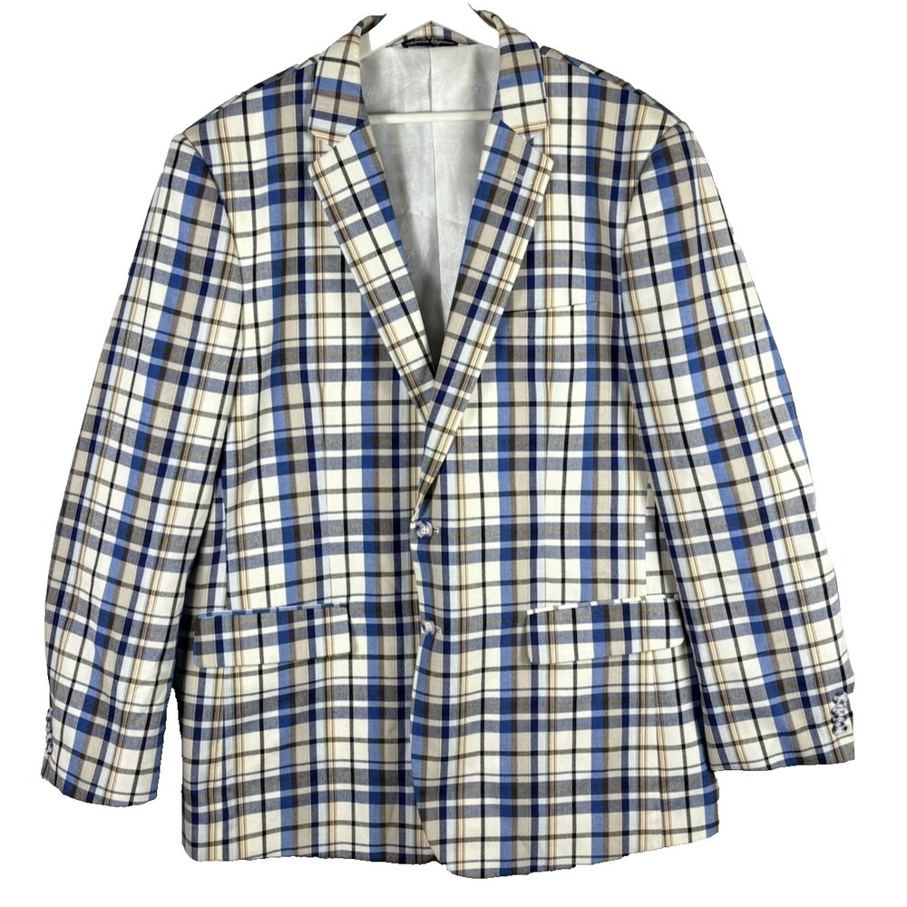 Marco Grossi Mens Blazer Size 48Long Blue Plaid 2-button Closure - Picture 1 of 10